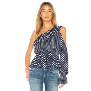 Tularosa Navy Blue Dalia Polka Dot One Shoulder Blouse Size Xs